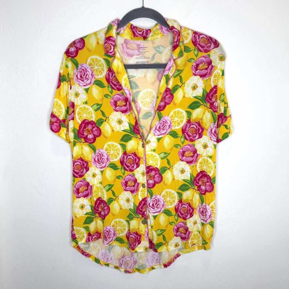 Posh Peanut Womens XL Pajama Top Soft Bamboo Lemon Floral Print Yellow